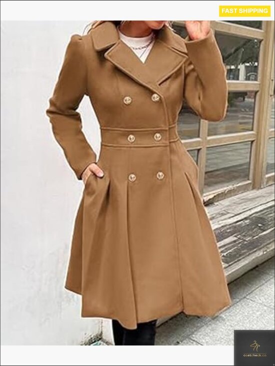 Double Breasted Wool Blend Pea Coat Notch Lapel A-Line Flared Elegant Classic - Picture 3 of 5